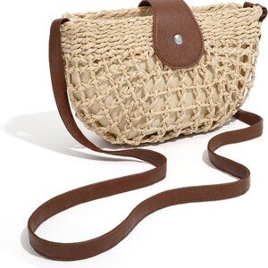 Lightweight Woven Straw Bag with Leather Strap - Ideal for Summer Travel